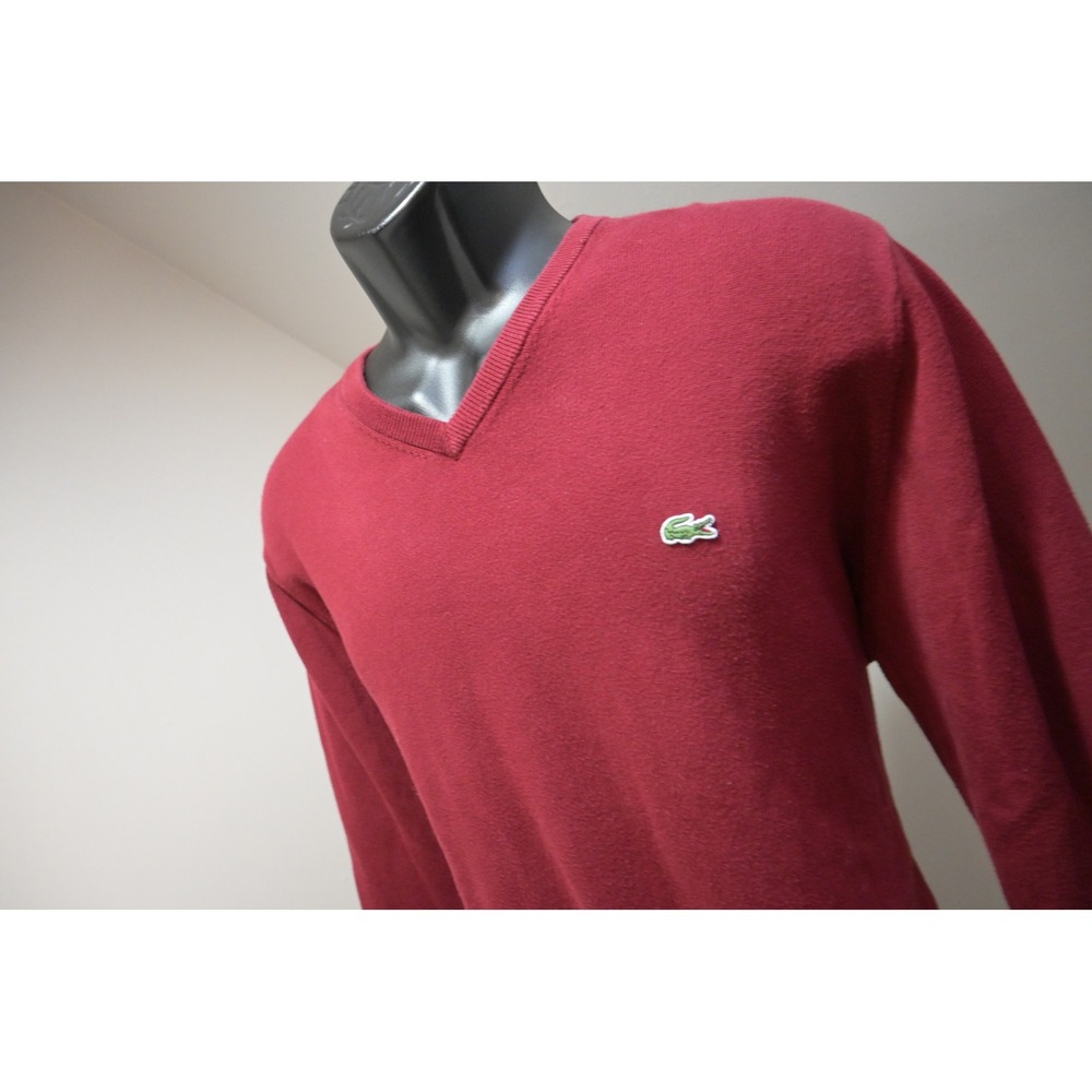 Lacoste V-Neck Sweater Mens XXL Burgundy Red Crocodile Logo Pullover Excellent
